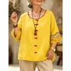 2026 Amazon Verano Transfronterizo Europeo y Americano Camiseta Superior Casual Suelta de Algodón y Lino Bordada Vintage de Color Sólido Cuello Manga Media