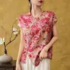 Nuevo top de satén estilo chino con fénix y peonías dorados para mujer, de verano, holgado, con mangas de murciélago, cuello redondo, blusa estampada de seda sintética