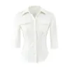 Camiseta Sexy de Manga Corta con Cuello Polo Francés y Bolsillo, de Botones, para Mujer, Verano, Chica Caliente, Costuras de Contraste, Cintura Ceñida, Top de Manga Media