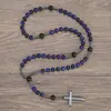 Collar con Colgante de Cruz para Hombre Europeo y Americano Piedra de Ojo de Tigre Obsidiana Cuentas Redondas Cadena Larga Cruz de Hematita Cruz de Rosario