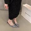 Sandalias Plata con Lentejuelas de Tacón Grueso y Punta Afilada para Otoño 2025, Zapatillas de Punta Abierta de Nicho de Gama Alta