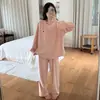Pijama de forro polar estilo isla para mujer, estilo coreano, diseño simple, forro polar fino, cuello redondo, manga larga, pantalón largo, ropa de estar cálida, adecuado para usar tanto en interiores como en exteriores, para otoño e invierno