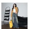Jeans Azul Wide-Leg Nostálgico Retrô para Mulheres, Calça de Barra Larga Solta Tendência Novo Estilo Americano com Caimento Alto Cintura Alta Formato Pera Comprimento Total