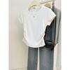 Camiseta de media manga Real Shot para mujer, estilo coreano, de verano, ajustada, adelgazante, de color liso, sencilla, corta, de manga corta