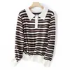 Outono/Inverno 2026 Novo Suéter de Malha Andy com Gola Polo de Veludo Manga Longa Feminino Pulôver Color Block Listrado Camisa Base Top