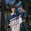 Camisa Polo Lar Contraste de Cores Retrô Estilo Americano Masculina Manga Curta Verão cityboy Estilo Japonês Camiseta Listrada Marca de Moda Manga Sete