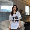 Jersey Americano Retro Hip-Hop Holgado de Manga Corta para Mujer 2025 Verano Nuevo Americano High Street Top de Cuello en V Manga Corta