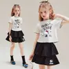 Conjunto de Dos Piezas para Niñas con Volantes y Mangas Cortas, Estilo Coreano, Bloques de Color, Dibujos Animados, Gato Kt, Vestido Dulce de Pastel para Niños Mayores