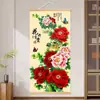 Pintura Pendurada de Flor de Peônia em Corredor de Peônia Estilo Chinês, Rolo de Madeira Maciça para Sala de Estar, Pintura Decorativa para Hall de Entrada, Pintura Estilo Chinês "Flores Desabrocham, Riqueza Abunda"