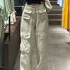 Jeans de trabajo retro americano multibolsillos talla grande para mujer chica rellenita Otoño cintura alta pierna recta suelta pierna ancha moda