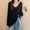 Suéter de Punto de Manga Larga con Cuello en V para Mujer, Camiseta de Punto para Principios de Otoño, Nuevo Estilo, Talla Grande, Adelgazante, Holgado, Casual para Mujeres con Sobrepeso