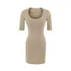 Vestido de Color Sólido con Cuello en U y Mangas Medias para Mujer, Vintage Sexy Elástico Ajustado, Ropa Exterior Hot Girl Deseo Puro, Vestido Corto Bodycon