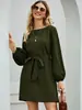 Toma real de vestido nuevo de color liso con cuello redondo, mangas tipo linterna, manga larga, línea A, primavera y otoño 2026, transfronterizo