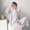 Pijama de Algodão e Seda para Mulheres Estilo Primavera e Outono Manga Longa Tamanho Plus Conjunto de Calças Longas com Bojo Sensação de Celebridade da Internet High-End Estampado Roupa de Casa Verão