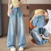 Jeans largo bordado para mulheres, popular em 2026, design fino de cintura alta para primavera/verão que esconde e afina, calça reta floral