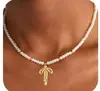 Colar Retrô Europeu e Americano Transfronteiriço com Laço de Pérola Banhado a Ouro 14K com Design Estiloso e Pingente Cravejado de Diamantes