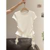 Camiseta de Verano Dulce de Color Sólido, Estilo Japonés, Cuello Redondo, Chic, Dobladillo Irregular con Volantes, Manga Corta, Top Adelgazante para Mujer