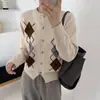 Suéter Melard retro marrón con estampado de rombos, prenda exterior versátil para mujer de manga larga y cuello redondo, diseño holgado, cárdigan de punto