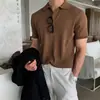 Polo de manga corta de seda helada para hombre, estilo coreano, ajustado, de verano, de lujo, estilo británico, con solapa de punto a rayas.