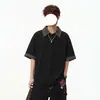 Camisa Polo Rayada Casual Falsa de Dos Piezas Manga Corta para Hombre Top Juvenil Holgado Marca Americana de Moda Camiseta de Manga Corta de Verano