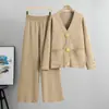 Conjunto de Dos Piezas de Moda Casual Europea Transfronteriza para Mujer en Otoño e Invierno Versátil Suéter Cardigan de Punto con Hebilla Metálica Traje de Pantalones de Pierna Ancha