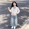 Stylish Dulce Mediano a Grande Infantil Rayas Bloque de Color Cuello Polo Falso Dos Piezas Sudadera Personalidad Niña Lindo Conjunto de Jeans