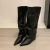 Botas de Cavaleiro até o Joelho Botas Empilhadas Franzidas Aumento Oculto de Altura 7cm Couro Macio Botas Altas Retrô Femininas - 6312