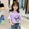Camiseta Casual de Algodão Puro para Meninas, Verão Novo, Estampa de Desenho Animado, Manga Curta, Gola Redonda, Estilosa, para Crianças Maiores