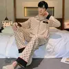 Pijama de Algodón Puro para Hombre, Cárdigan de Primavera y Otoño, Pantalones de Manga Larga, Ropa de Casa Sencilla Casual Estilo Coreano, Traje Holgado de Talla Grande
