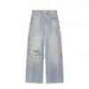 Atacado para comércio exterior 2026 Moda europeia e americana versátil casual simples jeans feminino com detalhes de rebites rasgados E490720