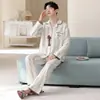 Pijama de Algodón Puro de Manga Larga y Pantalón Largo para Niños, Cardigan de Primavera y Otoño, Dibujos Animados, Transmisión en Vivo, Transfronterizo, Conjunto de Dos Piezas de Ropa de Casa 100% Algodón para Hombre