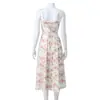 Roupas Femininas Estilo Europeu e Americano, Vestido de Suspensório com Estampa Floral Francesa, Cintura com Laço de Espinha de Peixe, Vestido com Fenda, Elegante e Gracioso
