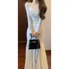 Vestido de Sirena Jacquard de Encaje Elástico Blanco Albaricoque Engrosado de Invierno Largo Poliéster Ajustado con Etiqueta