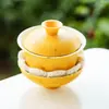 Taza de té de cerámica con esmalte amarillo huevo y forma de flor de rosa para una persona, Set de té para viaje y camping, Bolsa de almacenamiento portátil para exteriores