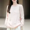 Suéter de Tricô com Gola Redonda de Lã Cashmere Novo Outono/Inverno 2026 Manga Longa Feminino Uva Com Contas Suéter Top de Lã Escovada