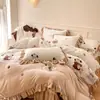 Estilo Coreano Estilo Princesa Encaje Terciopelo de Leche Juego de Cuatro Piezas estilo Hepburn Fresco y Sencillo Colcha Acolchada Funda de Edredón Cálida
