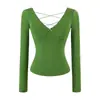 Camiseta sexy de manga larga, escote en V profundo, acolchada, sin espalda, con tiras cruzadas, top básico liso ajustado, novedad de otoño