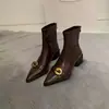Botines de tacón grueso con punta de estilo francés para mujer 2026 Otoño/Invierno Nuevos Botines Adelgazantes Botas Individuales Cómodas Botas de Cuero Cálidas con Felpa
