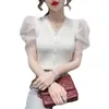 Suéter Feminino Top 2025 Novo Verão Francês Elegante Moda Camisa Slim-fit Emagrecedor Chiffon Bolha Curto