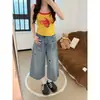 Calça jeans feminina cropped de perna larga estilo americano, nova para o verão, jeans retrô slim fit da moda com bordado de cachorrinho