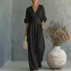 Colección de verano nueva para mujer europea y americana transfronteriza 2026: elegante, casual, transpirable, cuello en V de color liso, entallado en la cintura, mono plisado