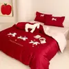 Bordado em Toalha Algodão de Fibra Longa Acetinado 100S Conjunto de Roupa de Cama de Quatro Peças 100% Algodão Capa de Edredom 100% Algodão Lençol Universal para Todas as Estações Estilo com Elástico