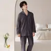 Pijama Masculino de Cor Sólida com Manga Longa Duas Peças Cardigan com Lapela 100% Algodão Roupa de Casa Casual Primavera Outono Inverno