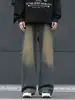 Pantalones de mezclilla retro estilo americano para uso diario, color gris cemento, cintura elástica para hombre, pierna recta, lavados, corte holgado, pantalones casuales con una silueta fluida y de pierna ancha
