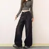 Jeans de trabalho preto estilo americano de perna larga para mulheres, novo verão 2026 versão coreana, cintura alta, estiloso, calça reta solta