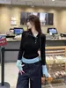 Tricô Preto com Gola Assimétrica Feminino Outono Inverno Manga Longa Suéter Color Block Slim Fit Camada Base Top Feminino A14758