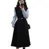 Vestido Midi de Manga Comprida com Patchwork Colorido para Primavera e Outono, Estilo Executivo, Falso Duas Peças, Esconde a Barriga, Emagrecimento, Marcação da Cintura, Corte Evasê