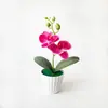 Plantas artificiais modernas e minimalistas em vasos com duas orquídeas, uma grande e uma pequena, para decoração de sala de estar e peitoril de janela em casa.