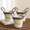 Vaso de flores estilo vintage com acabamento desgastado e alça de corda de juta, balde de metal redondo para plantas de interior, pequeno recipiente para flores e balde de armazenamento