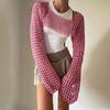 Amazon Transfronterizo Otoño Nuevo Suéter de Ganchillo Hecho a Mano para Mujer Casual de Malla Sexy Ultra Corto con Mangas de Cuerno para Mujer